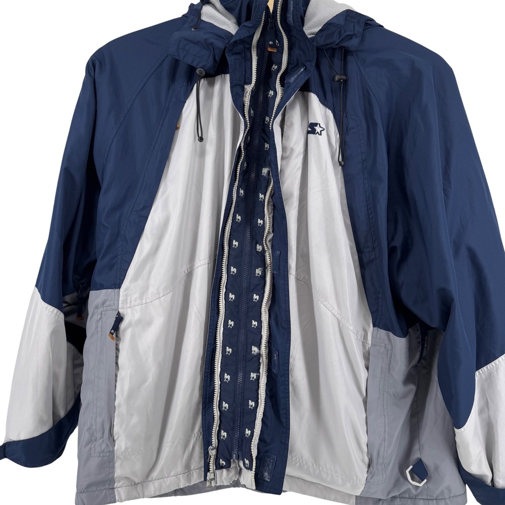 VTG Starter Hooded Windbreaker Jacket Men 3XL Navy Blue Grey Fleece Lined Sporty - Picture 2 of 16